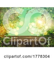 Poster, Art Print Of 3d Wooden Table With Green Leaves Against A Defocussed Background