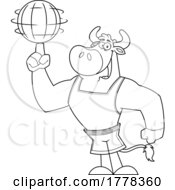 Poster, Art Print Of Cartoon Black And White Bull Basketball Player Mascot Character Spinning A Ball On His Finger