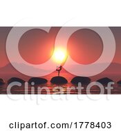 3D Sunset Landscape With Female In Yoga Pose On Stepping Stones In Ocean