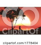Poster, Art Print Of 3d Sunset Landscape With Female In Yoga Pose Under A Tree