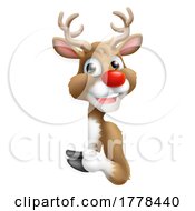 Poster, Art Print Of Christmas Reindeer Peeking Around A Sign And Pointing