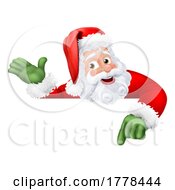 Cartoon Santa Claus Or Father Christmas Peeking Over A Sign And Presenting