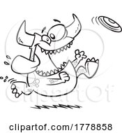 Cartoon Black And White Monster Chasing A Frisbee by toonaday
