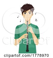 Poster, Art Print Of Teen Boy Play Oboe Music Notes Illustration