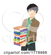Poster, Art Print Of Teen Boy Asian Student Stack Books Illustration