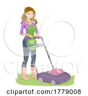 Teen Girl Lawn Mower Grass Illustration