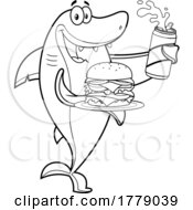 Cartoon Black And White Shark With A Beer And Double Cheeseburger by Hit Toon