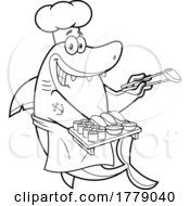 07/13/2022 - Cartoon Black And White Shark Chef With Sushi Plate