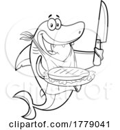Cartoon Black And White Shark Holding A Steak And Knife