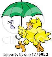 Cartoon Bird Singing In The Rain And Walking With An Umbrella