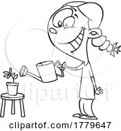 Cartoon Black And White Girl Watering A House Plant