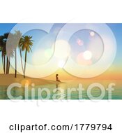 Poster, Art Print Of 3d Beach Landscape At Sunset With Female In Yoga Position