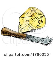 Poster, Art Print Of Wedge Of Swiss Cheese Knife Vintage Woodcut Style
