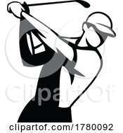 Poster, Art Print Of Golfer Swinging Golf Club Front View Mascot Retro Black And White