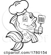Poster, Art Print Of Cartoon Black And White Goldfish Chef Mascot Holding A Spatula