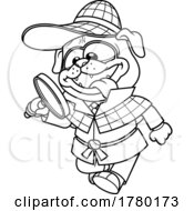 Cartoon Black And White Detective Pug Dog Using A Magnifying Glass