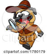 Cartoon Detective Pug Dog Using A Magnifying Glass
