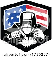 Retro Welder Working In An American Flag Shield
