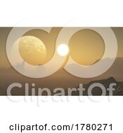 Poster, Art Print Of 3d Surreal Science Fiction Landscape With Planets And Buildings In Desert