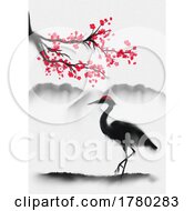 Poster, Art Print Of Hand Painted Traditional Japanese Themed Wall Art With Sakura And Heron