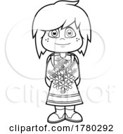Poster, Art Print Of Cartoon Black And White School Girl Holding A Bouquet Of Flowers