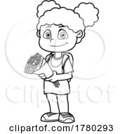 Cartoon Black And White School Girl Holding A Bouquet Of Flowers by Hit Toon