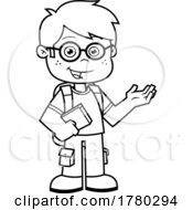 Cartoon Black And White School Boy Holding A Book And Presenting
