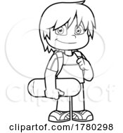 Cartoon Black And White School Boy Holding A Skateboard by Hit Toon