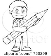 Cartoon Black And White School Boy Holding A Giant Pencil by Hit Toon
