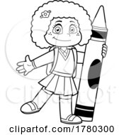 Cartoon Black And White School Girl With A Giant Crayon