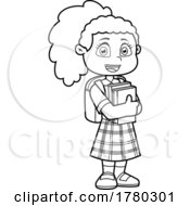 Cartoon Black And White School Girl Holding Books