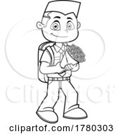 Cartoon Black And White School Boy Holding A Boquet