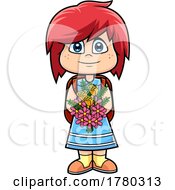 Cartoon School Girl Holding A Bouquet Of Flowers