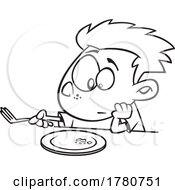 Cartoon Black And White Boy Staring At The Last Bite Of Food On His Plate