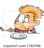 Cartoon Boy Staring At The Last Bite Of Food On His Plate