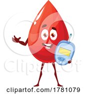Happy Blood Drop Mascot Holding A Diabetes Glucometer