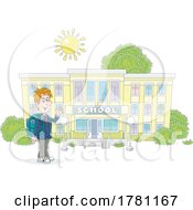 Cartoon Male Student Waving Outside A School Building