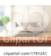 Poster, Art Print Of 3d Wooden Table Looking Out To A Defocussed Modern Lounge