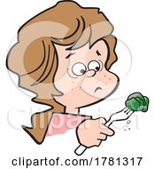 Poster, Art Print Of Cartoon Girl Holding A Brussel Sprout On A Fork And Looking Grossed Out