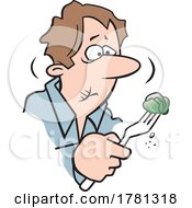 Cartoon Man Holding A Brussel Sprout On A Fork And Looking Grossed Out