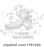 Poster, Art Print Of Cat And Witch Girl Flying On A Broomstick Over Happy Halloween Text