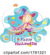 Poster, Art Print Of Cat And Witch Girl Flying On A Broomstick Over Happy Halloween Text