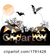 Poster, Art Print Of Halloween Pumpkin And Bats Graveyard Background