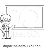 Cartoon Black And White School Boy At A Chalkboard