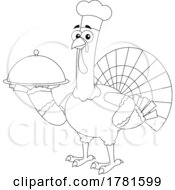 Cartoon Black And White Thanksgiving Turkey Bird Chef Holding A Cloche