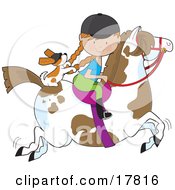 Clipart Illustration Of A Little Girl Riding A Painted Pony With A Cavalier King Charles Spaniel Sitting Behind Her Holding On To Her Braids by Maria Bell #COLLC17816-0034