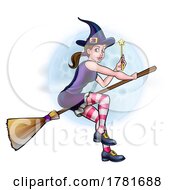 Witch Halloween Flying Cartoon Character And Moon by AtStockIllustration