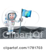 Cartoon Astronaut Holding A Flag On The Moon