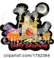 Cartoon Happy Halloween Greeting With A Fireplace