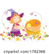 Poster, Art Print Of Cartoon Witch Girl Moving A Giant Pumpkin In A Wheelbarrow